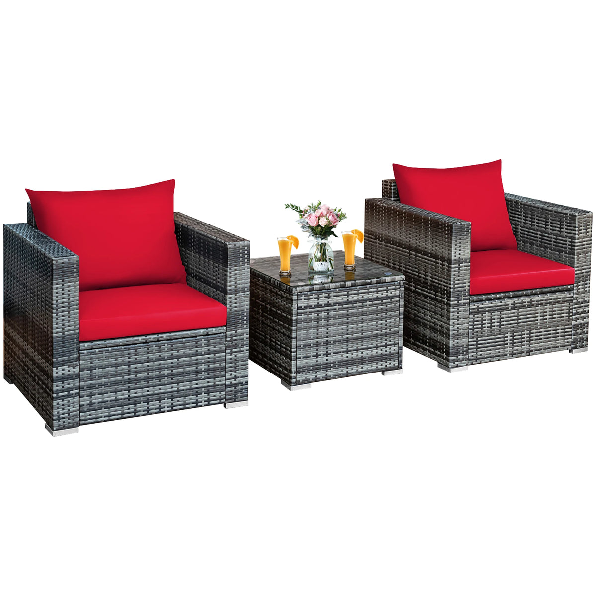 HOMASIS 3 Piece Patio Rattan Bistro Set Cushioned Sofa Chairs Table