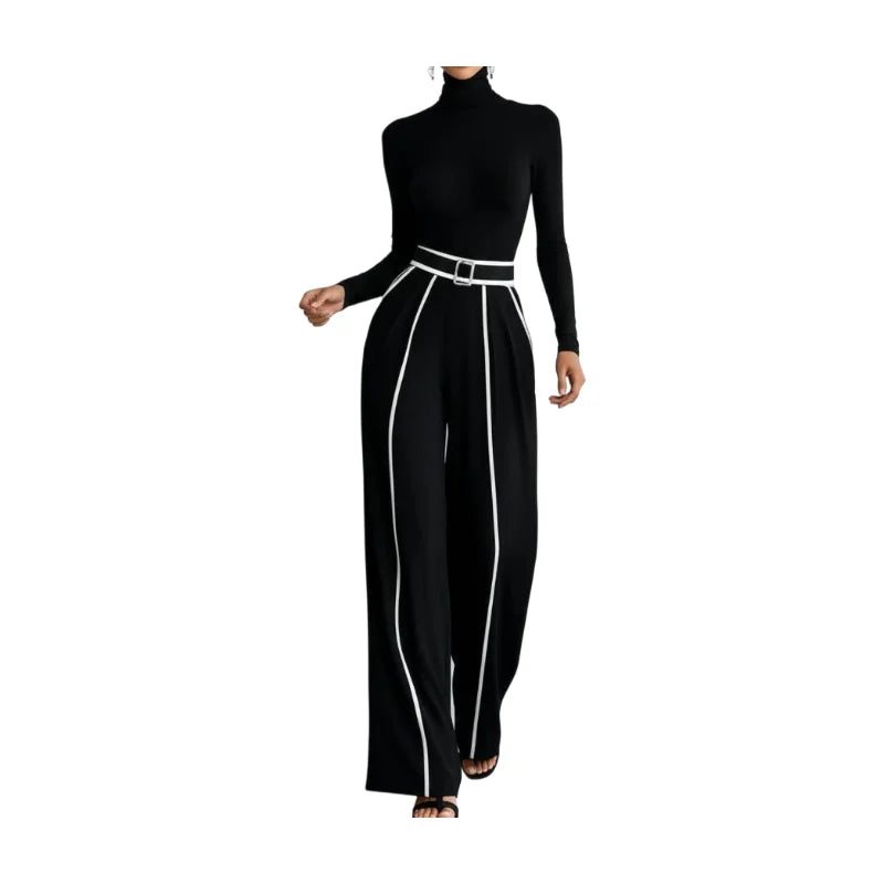 Women Two Piece Set Turtleneck Top Wide Leg Pants