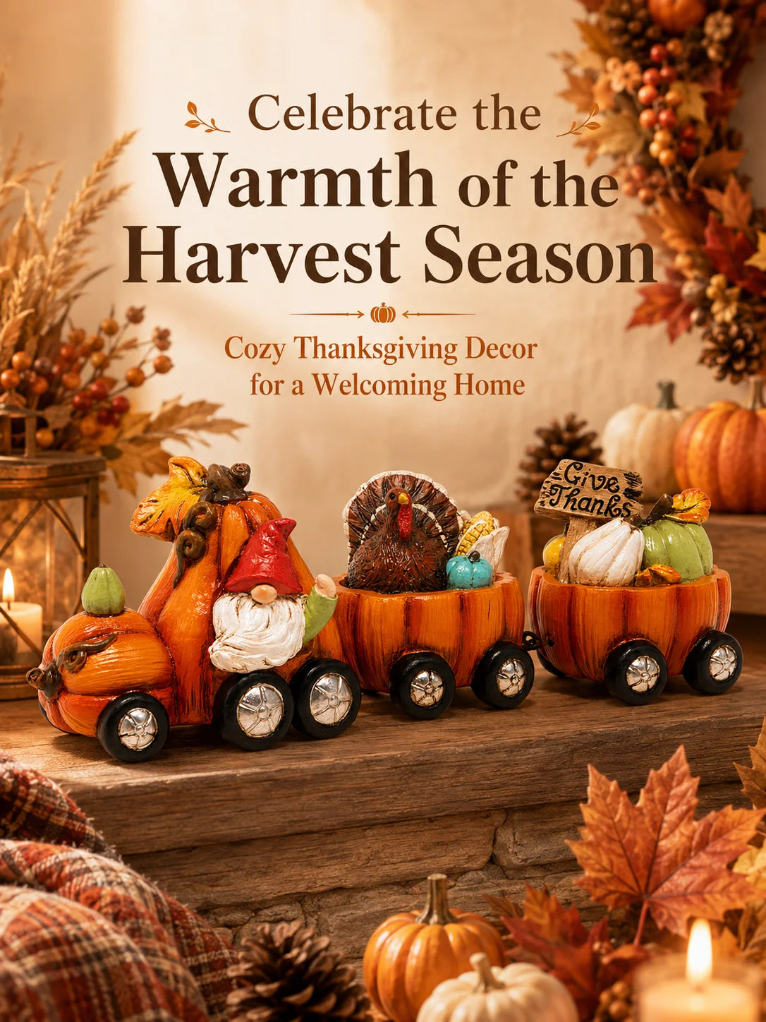 Hodao Resin Thanksgiving Pumpkin Train Figurine With Gnome And Turkey
