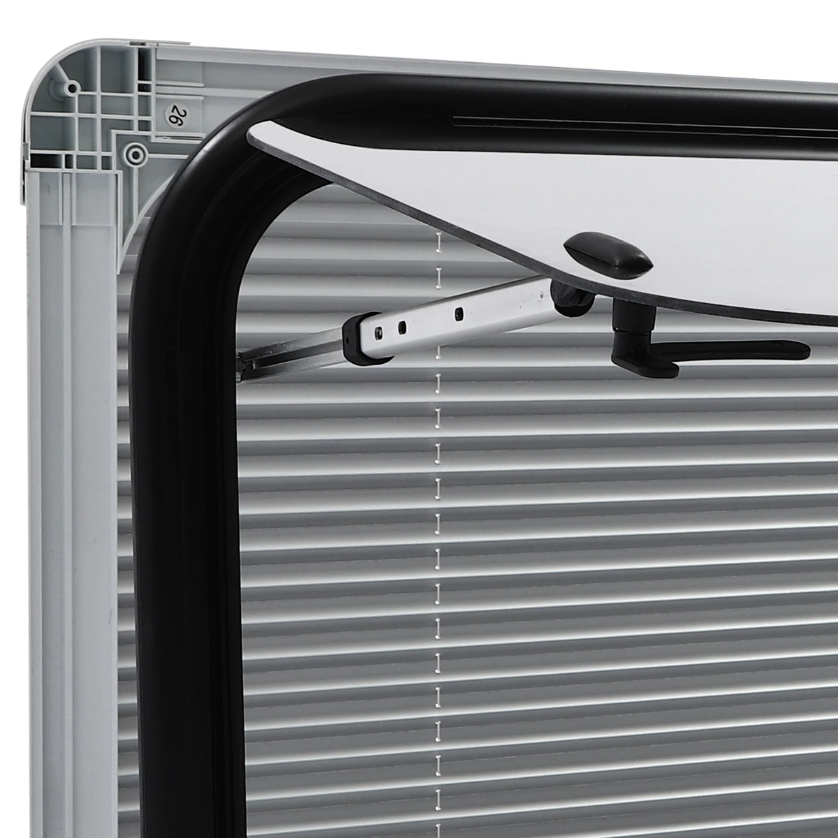 RV Window Hinged With Insect Screen Roller Shade Aluminum Frame