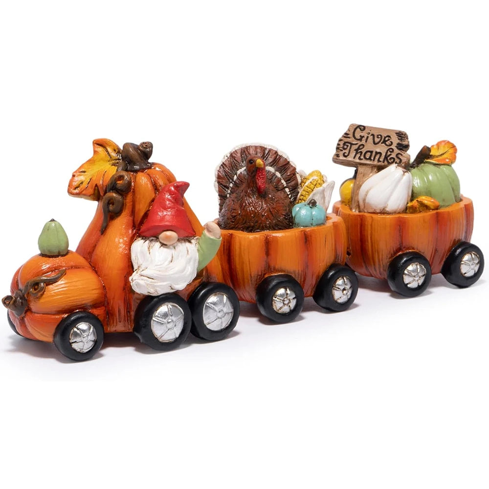 Hodao Resin Thanksgiving Pumpkin Train Figurine With Gnome And Turkey
