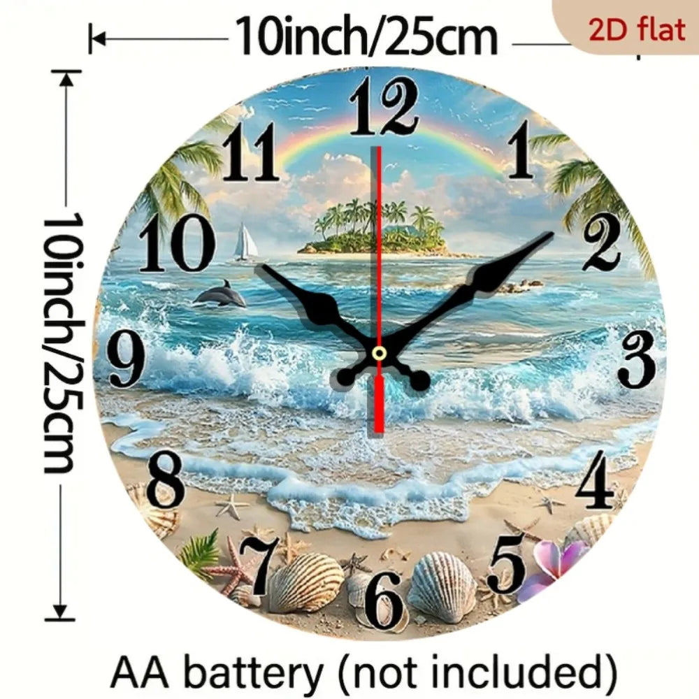 Tropical Beach Ocean Wooden Wall Clock With Rainbow Dolphins Seashells