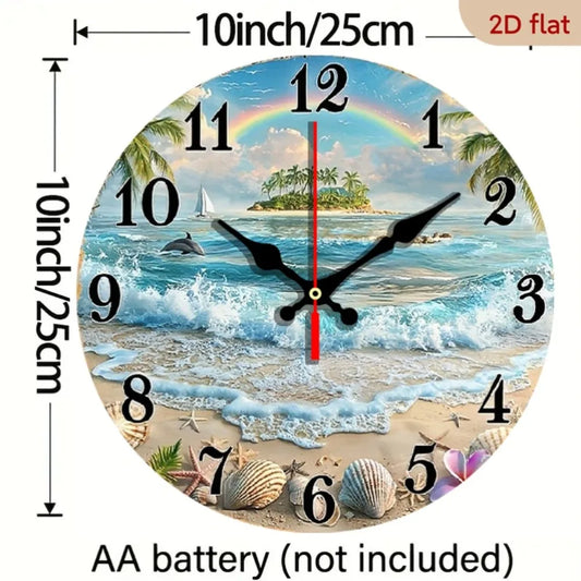 Tropical Beach Ocean Wooden Wall Clock With Rainbow Dolphins Seashells