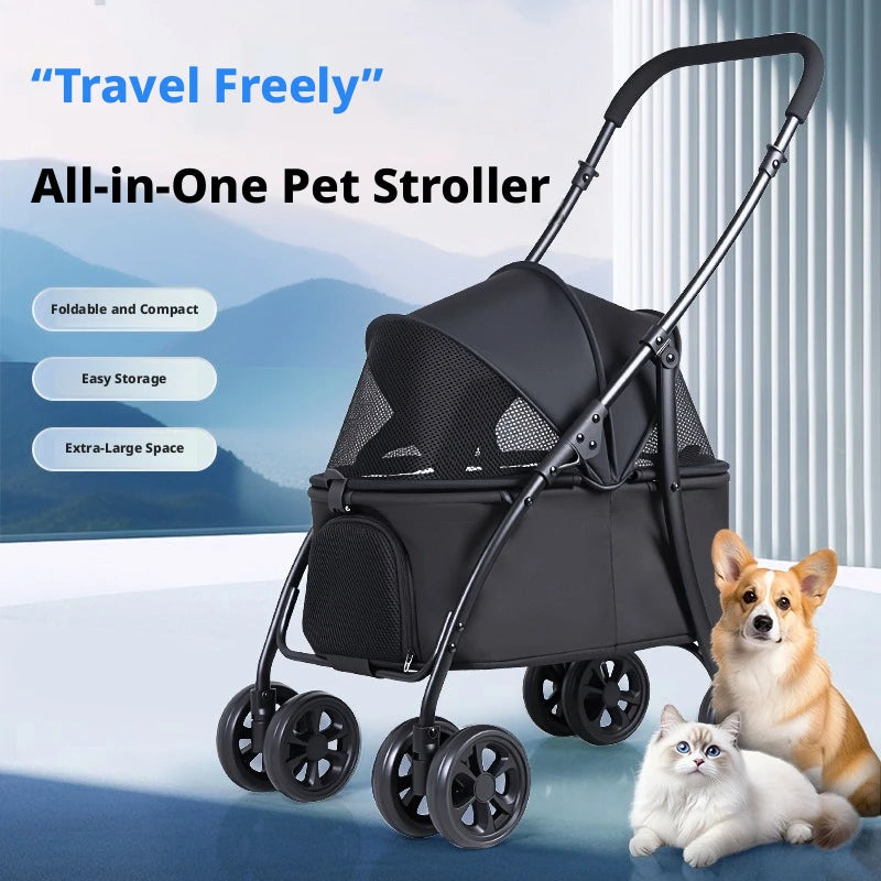 4-Wheel Foldable Pet Stroller with Low 19cm Chassis, Shock-Absorbing 360° Swivel Wheels, Breathable Mesh Windows & Storage Pocket, One-Click Folding Travel Cart for Small Medium Dogs & Cats