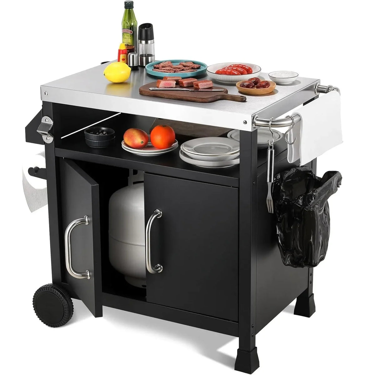 Outdoor Grill Cart Table With Stainless Steel Top For Prep