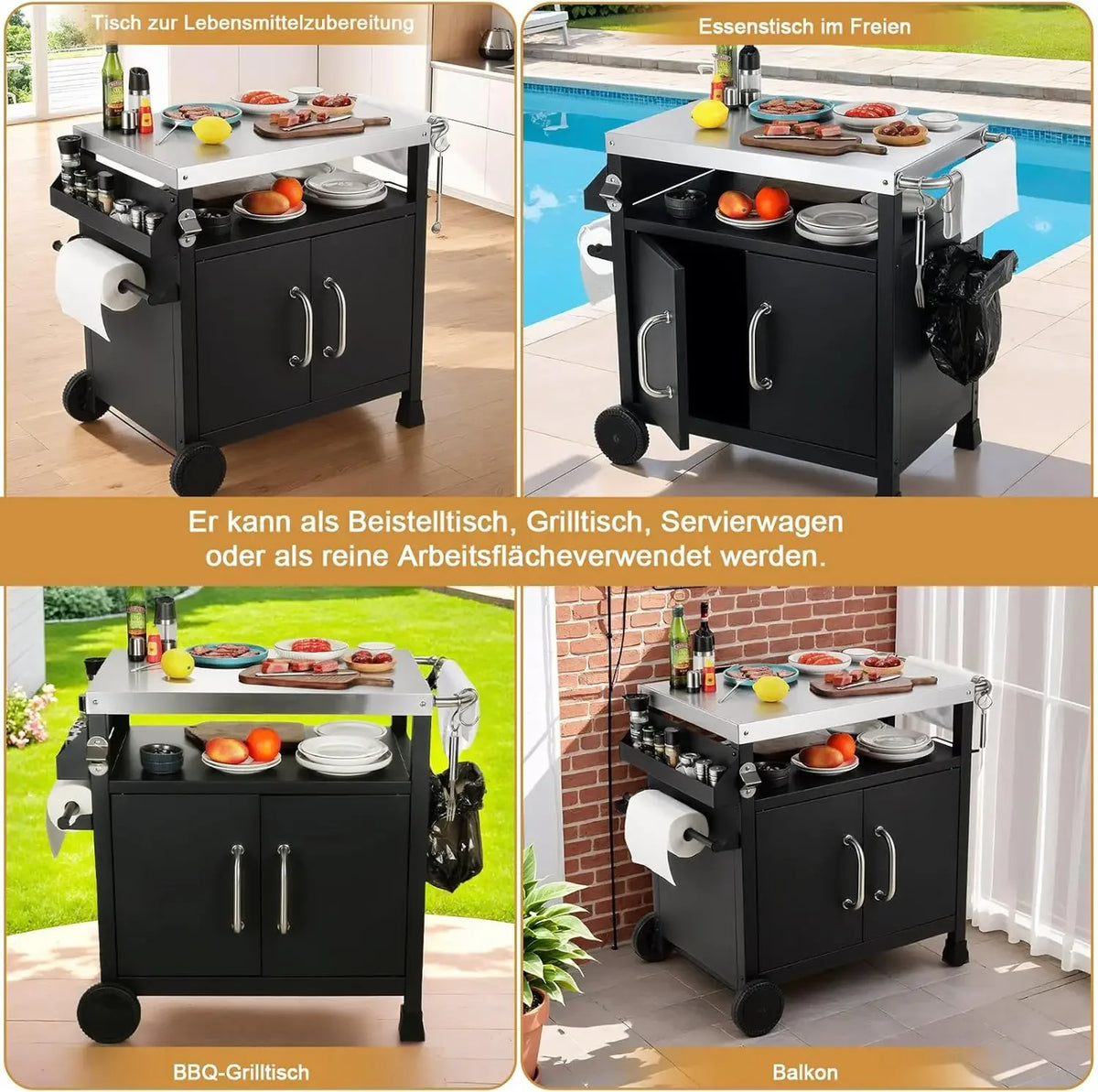 Outdoor Grill Cart Table With Stainless Steel Top For Prep