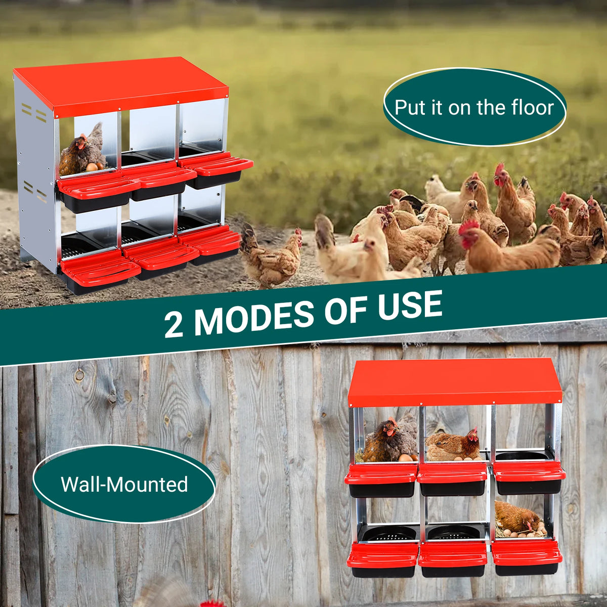 HiMISS Metal Hen Nesting Box With Roll Out Egg Collection Multi Compartment Chicken Coop