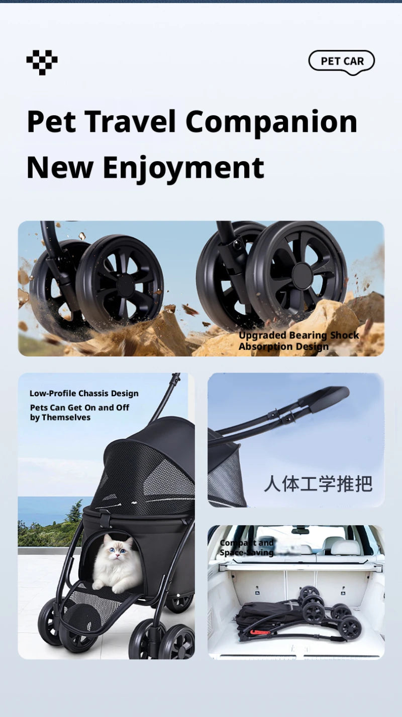 4-Wheel Foldable Pet Stroller with Low 19cm Chassis, Shock-Absorbing 360° Swivel Wheels, Breathable Mesh Windows & Storage Pocket, One-Click Folding Travel Cart for Small Medium Dogs & Cats