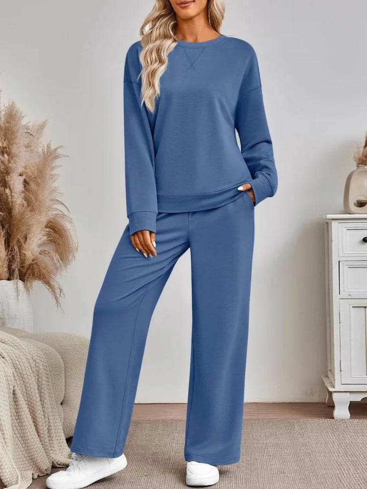 Women's Polyester Knit Two-Piece Set With Long Sleeve Top And Wide Leg Trousers