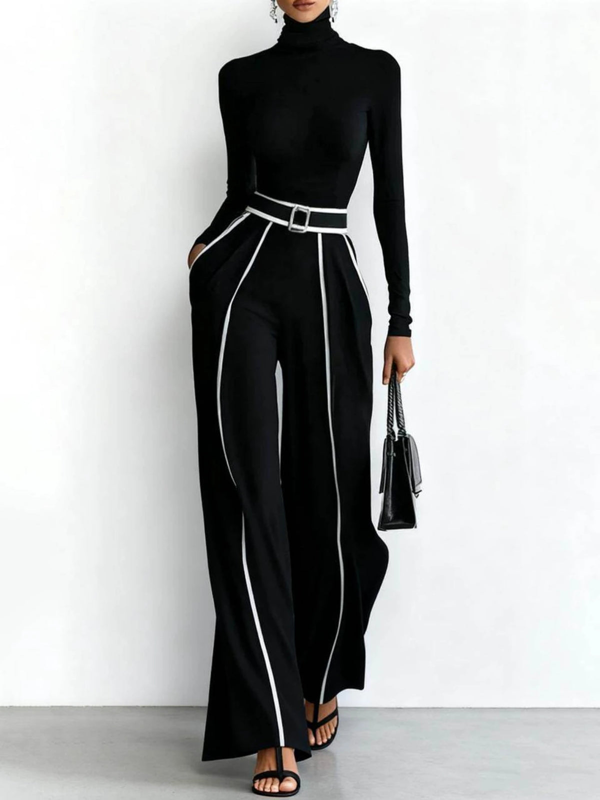Women Two Piece Set Turtleneck Top Wide Leg Pants