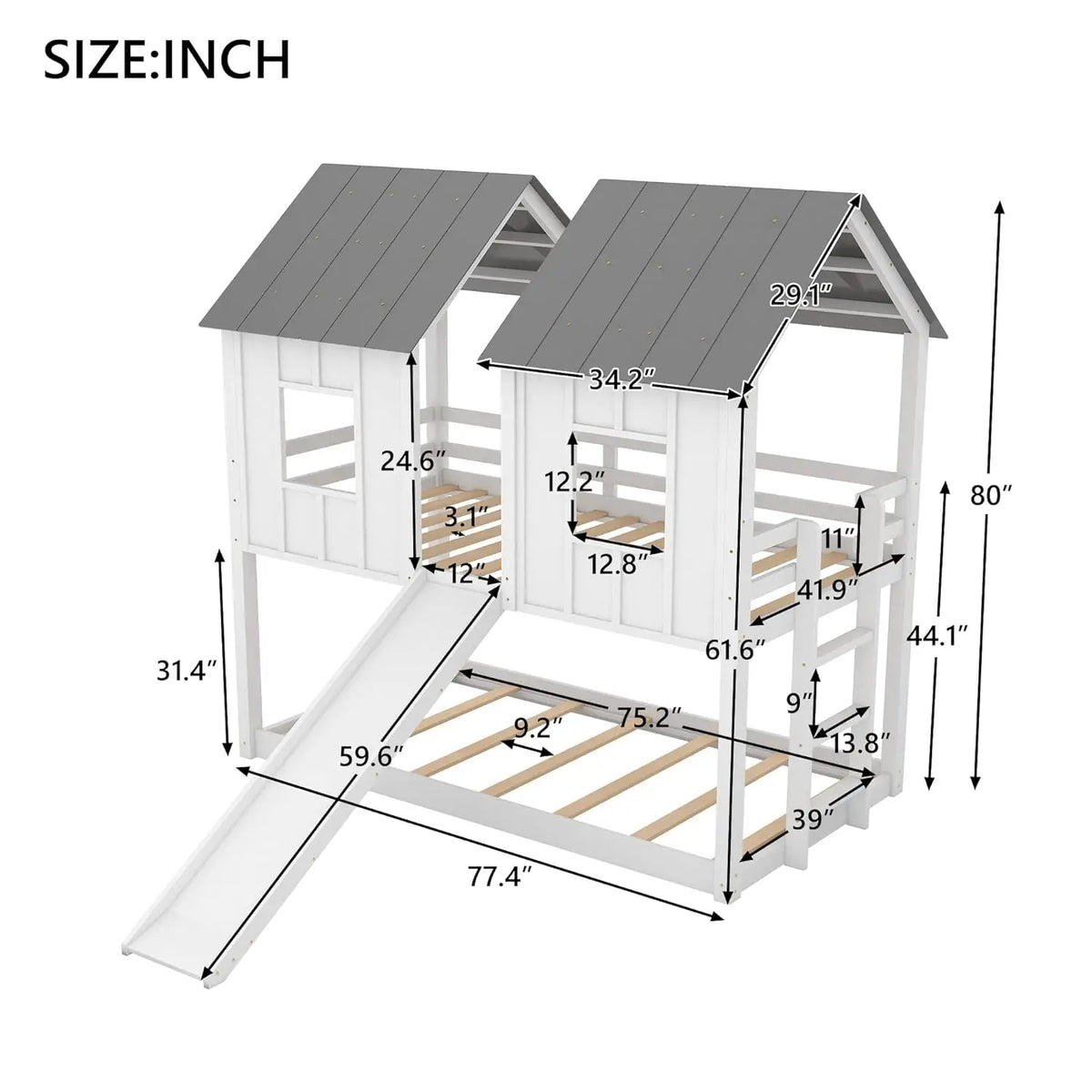 Wooden Bunk Bed With Slide And Guardrails