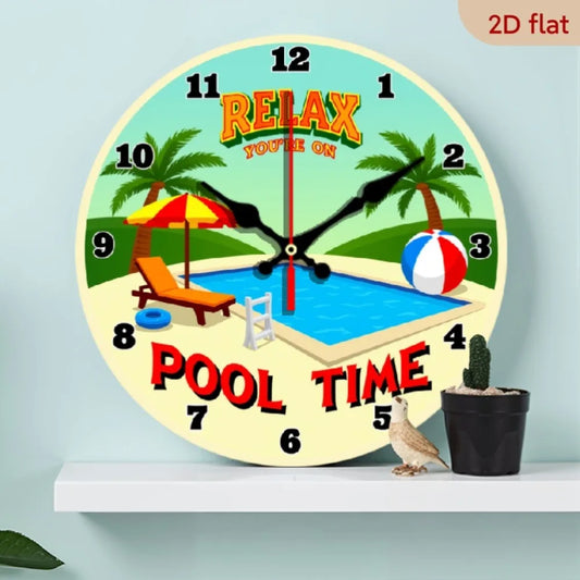 Wooden Wall Clock Tropical Beach Theme Silent Non Ticking Pool Party Decor
