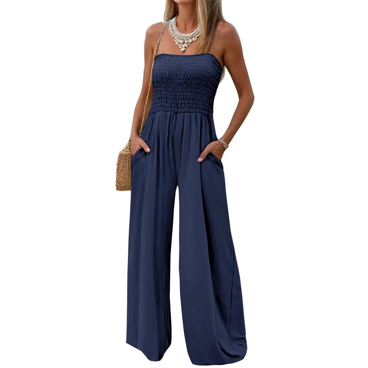 Women's Solid Color Strapless Polyester Jumpsuit Casual Style