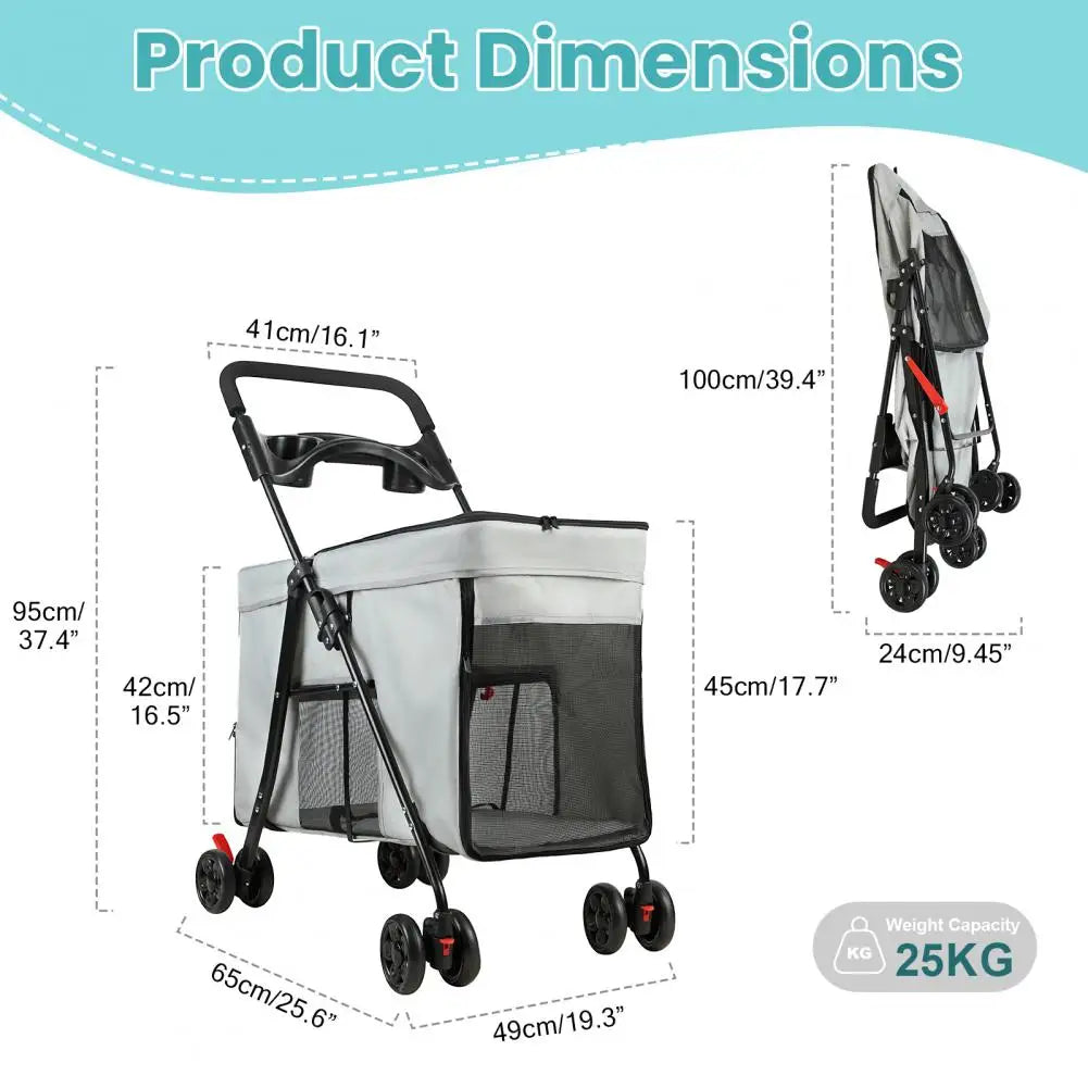 Dog Stroller 360-degree Wheels Foldable Pet Cart 5 Ventilation Windows Removable Tray Outdoor Travel for Small Medium Dogs Cats