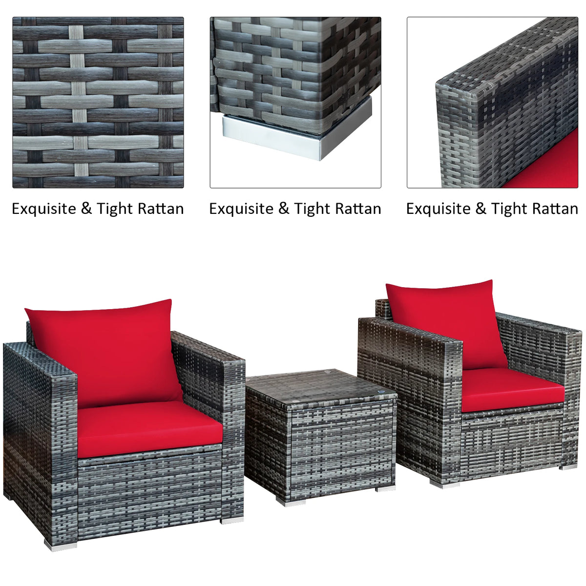 HOMASIS 3 Piece Patio Rattan Bistro Set Cushioned Sofa Chairs Table