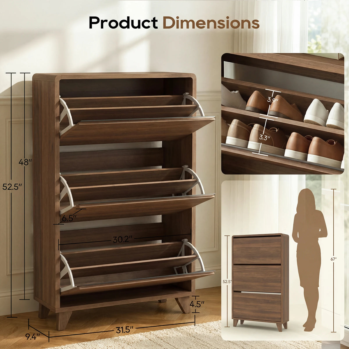 TCGBKAF Freestanding Slim Shoe Storage Cabinet Narrow Shoe Organizer with 3 Flip Drawers Adjustable Removable Shelves & Top Display Shelf Entryway Hallway Shoe Cabinet