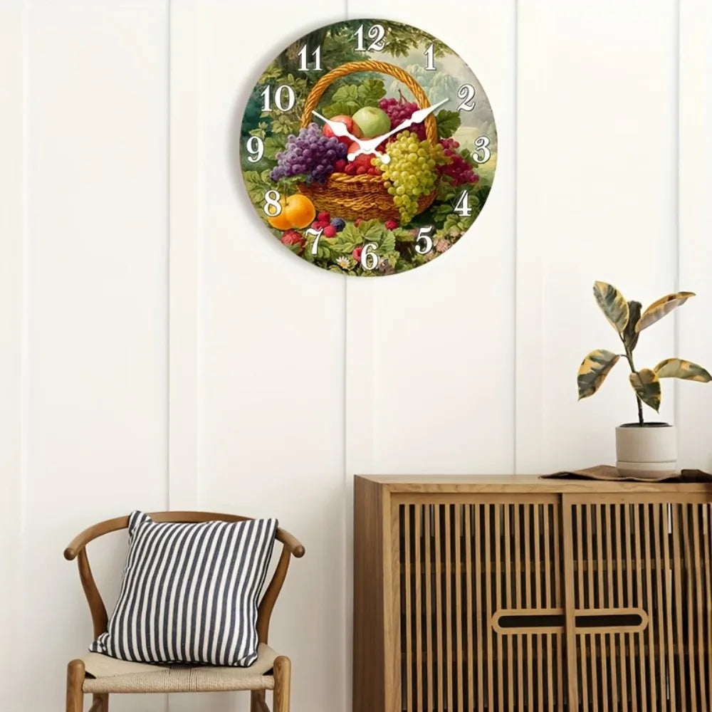 Silent Wall Clock Rustic Farmhouse Wood Fruit Basket Design