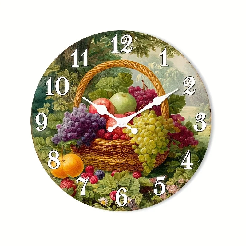 Silent Wall Clock Rustic Farmhouse Wood Fruit Basket Design