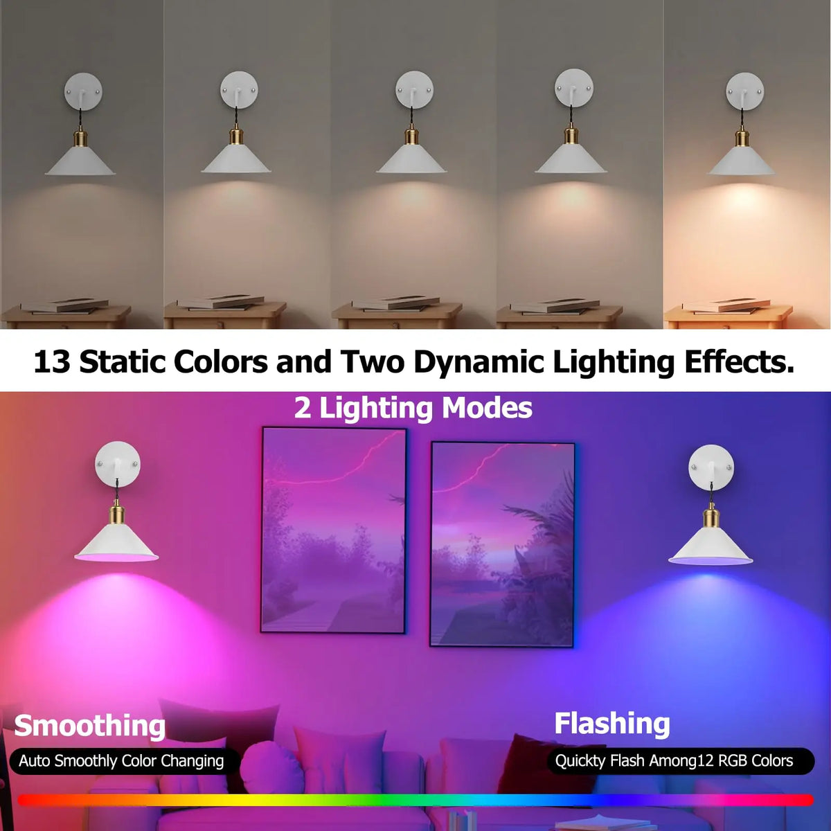PRTILOUD 2 Pack Battery Operated Wall Sconces With Remote Dimmable Warm RGB