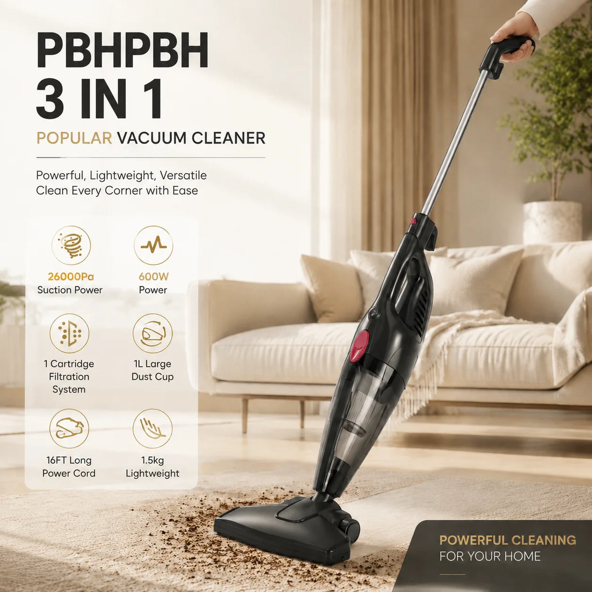 PBHPBH Corded Vacuum 26kPa Suction HEPA Filter Home Pet Cleaning
