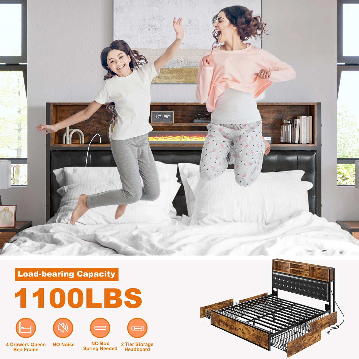 EnHomee Upholstered Platform Bed Frame With Charging Station And Storage Drawers