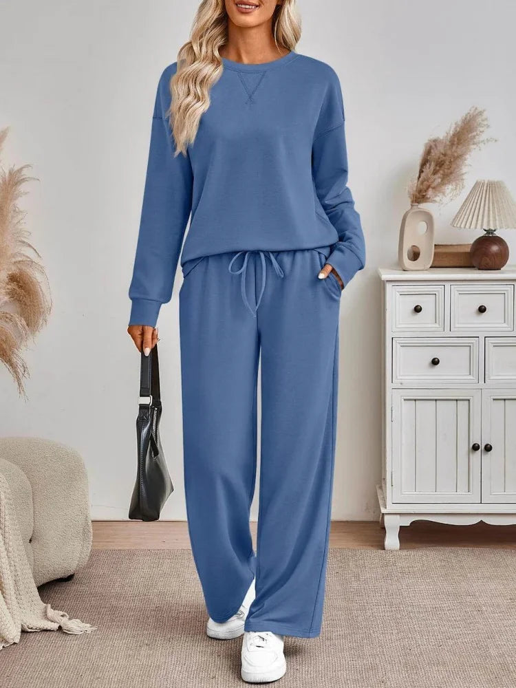 Women's Polyester Knit Two-Piece Set With Long Sleeve Top And Wide Leg Trousers