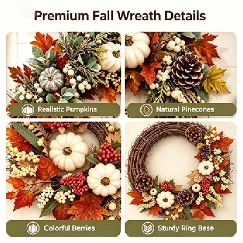 Autumn Harvest Wreath With Pumpkins Pinecones Maple Leaves