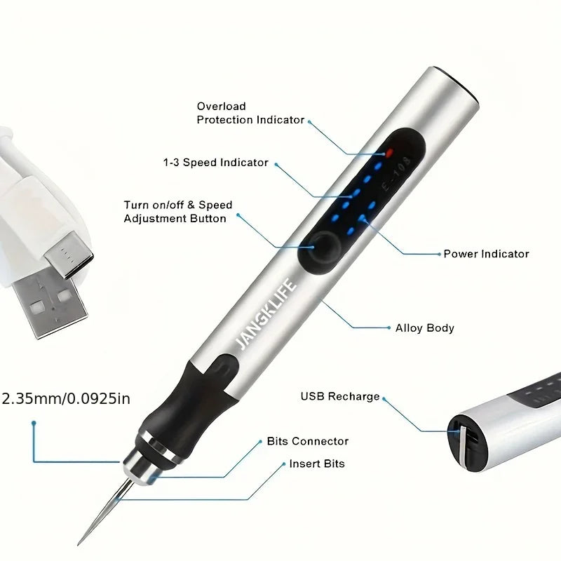 Cordless Rotary Tool Set - Rechargeable Engraving Pen with Adjustable Speeds, Portable Woodworking Kit for Sanding, Polishing, Drilling & Etching, 280mAh Battery, Carving Pen，Engraving, DIY Crafts