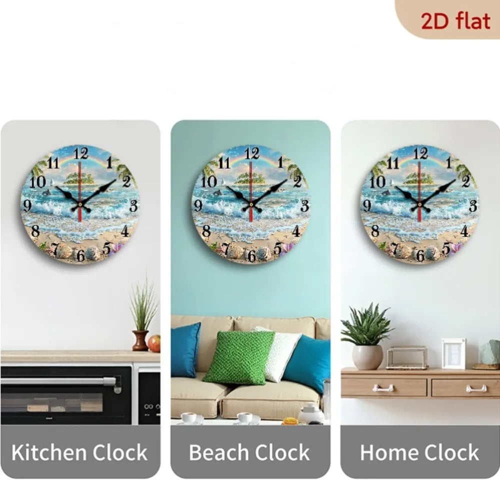 Tropical Beach Ocean Wooden Wall Clock With Rainbow Dolphins Seashells