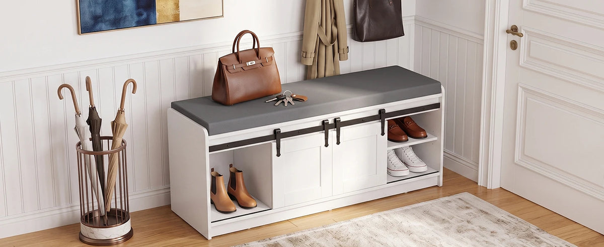 TinyNest Shoe Storage Bench With Linen Cushion Entryway Cabinet