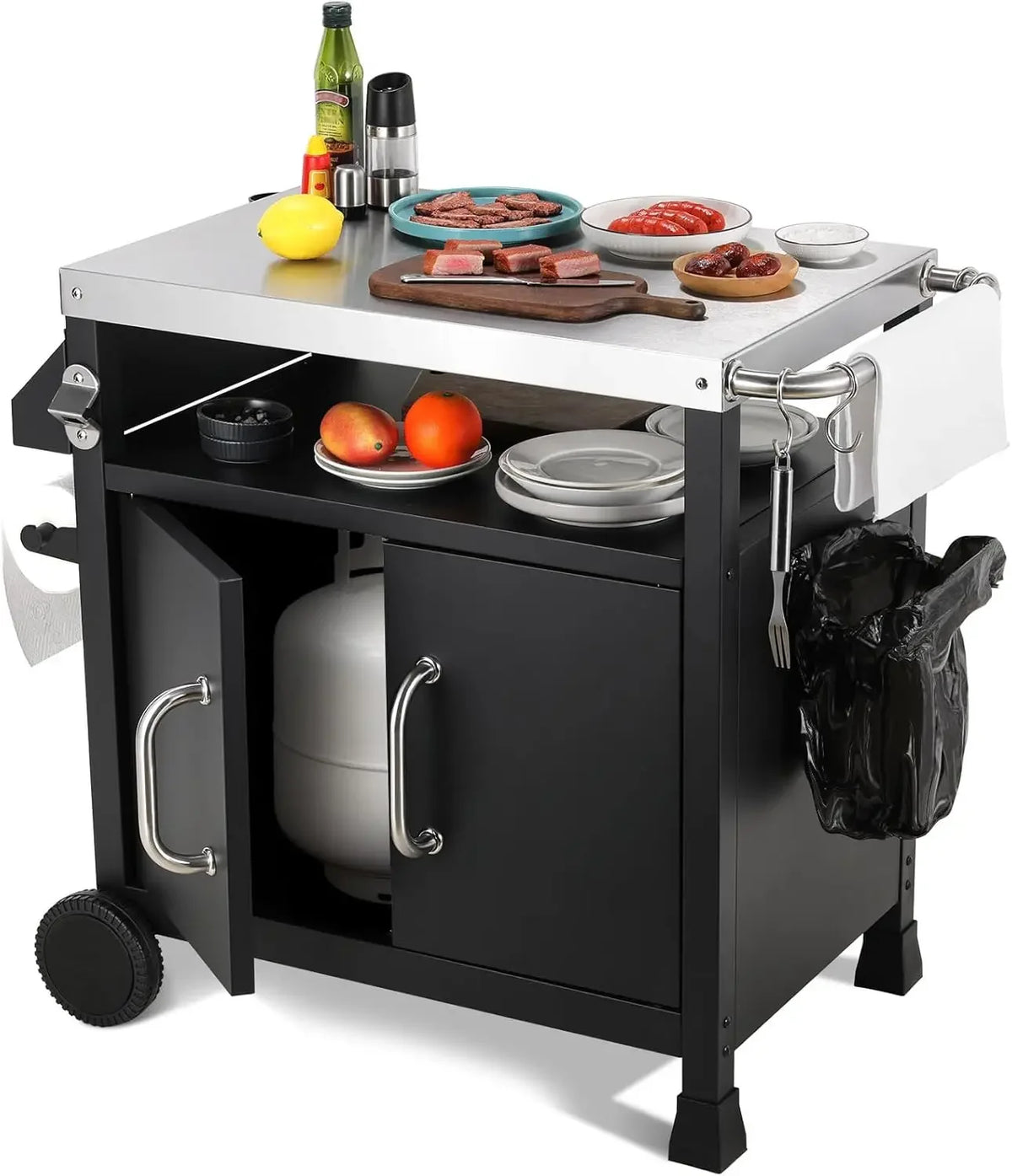 Outdoor Grill Cart Table With Stainless Steel Top For Prep
