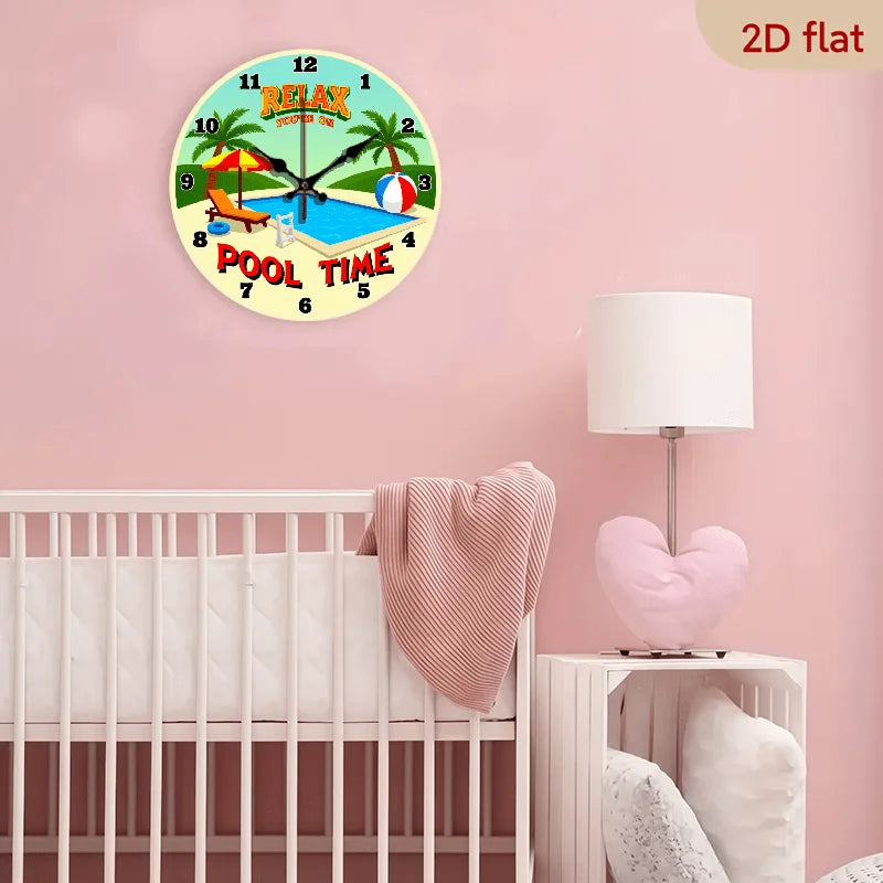Wooden Wall Clock Tropical Beach Theme Silent Non Ticking Pool Party Decor