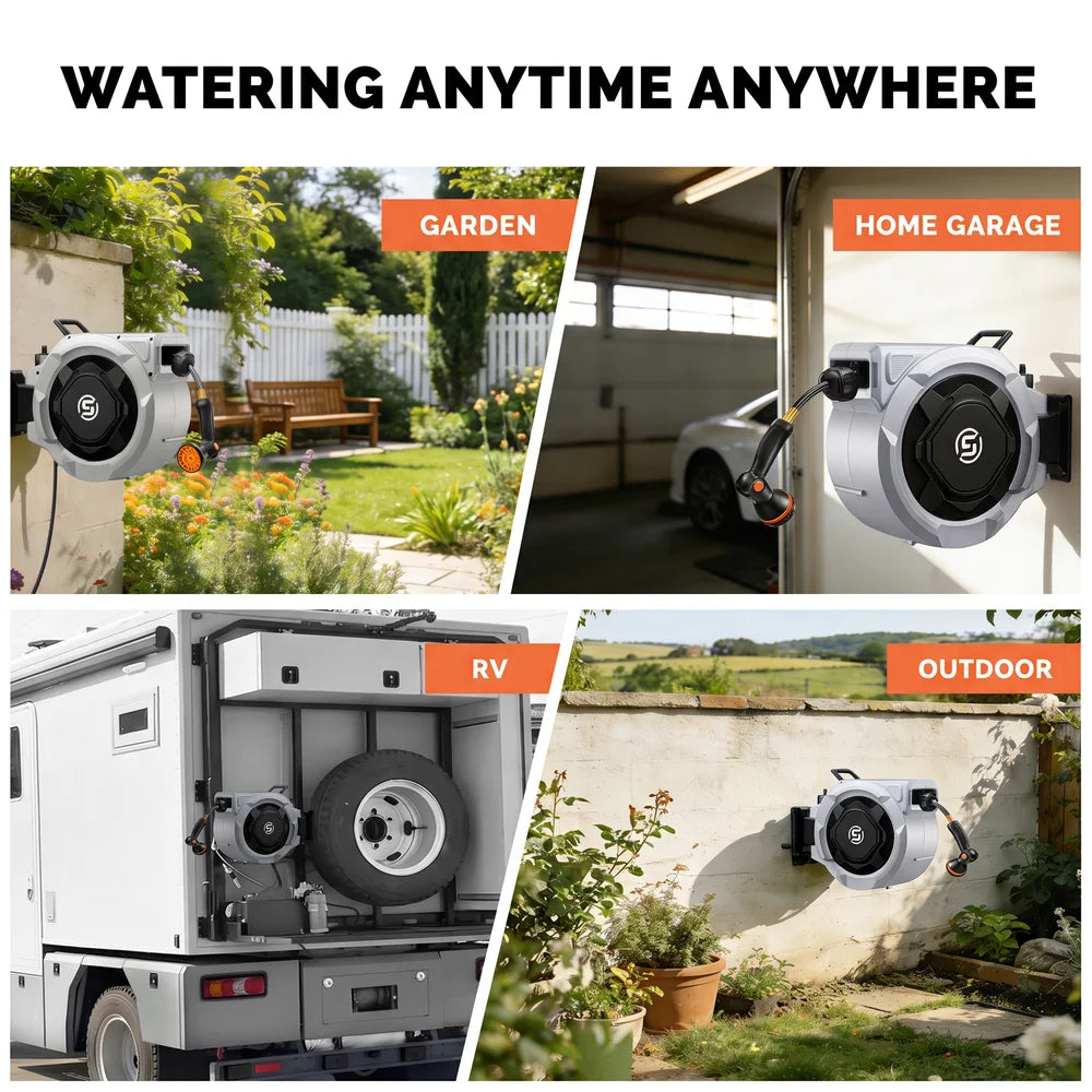 SUNPOW Retractable Garden Hose Reel,5/8in×100FT Wall‑Mount Heavy‑Duty Reel,Any Length Lock,Pulley Guide Rail System,Leak‑Proof 3/4in Brass Fitting,10‑Function Spray Nozzle,180° Swivel Bracket,Auto Rewind for Garden