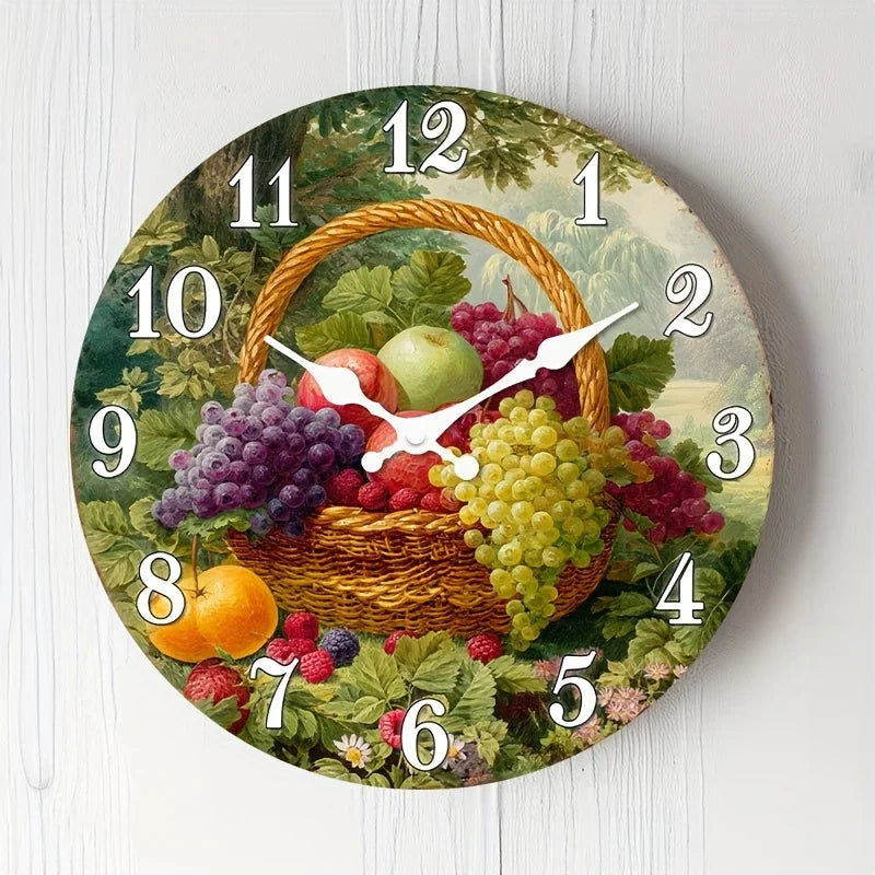 Silent Wall Clock Rustic Farmhouse Wood Fruit Basket Design