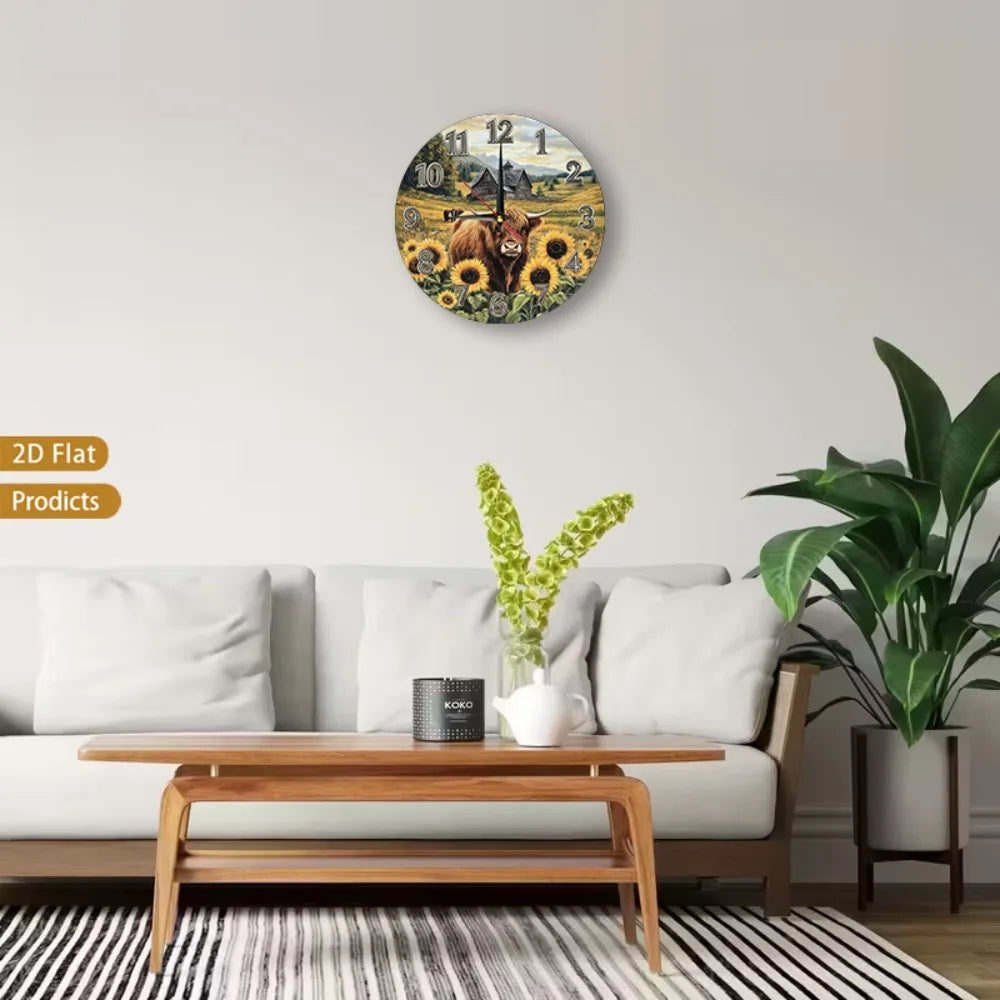Wood Batter Scottish Highland Cow And Sunflower Wall Clock