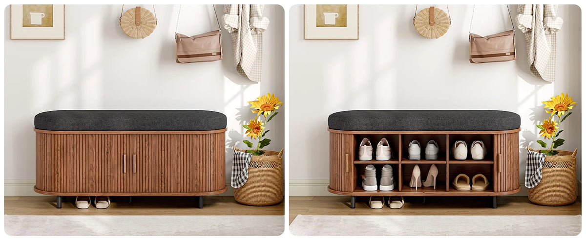 43.3 inch Shoe Storage Bench, 3 Tier Shoe Rack Bench Organizer with Storage, Cushion and Sliding Door Removable