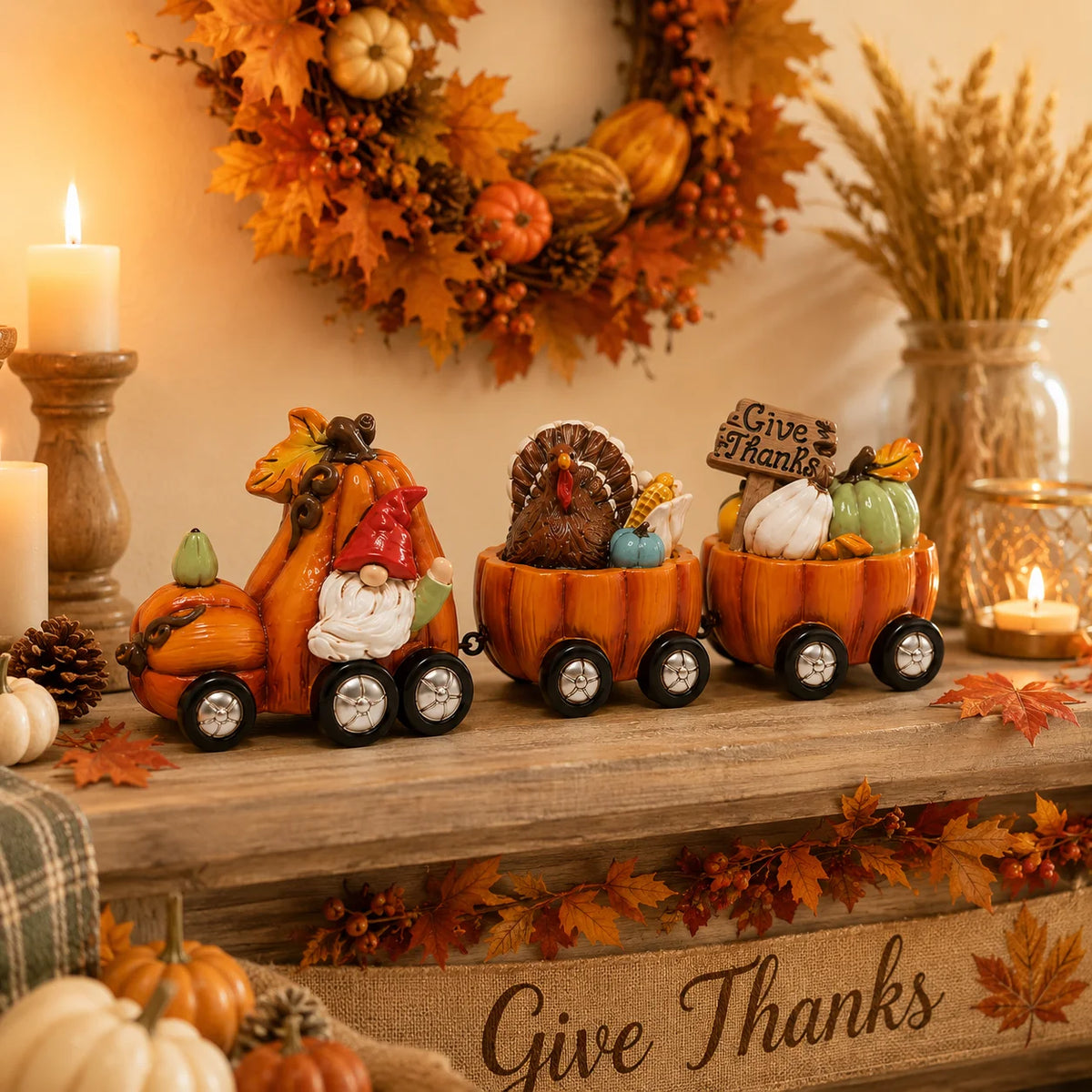Hodao Resin Thanksgiving Pumpkin Train Figurine With Gnome And Turkey