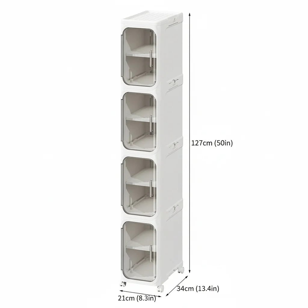 Slim 4-Tier Narrow Plastic Rolling Storage Cabinet With Flip Doors