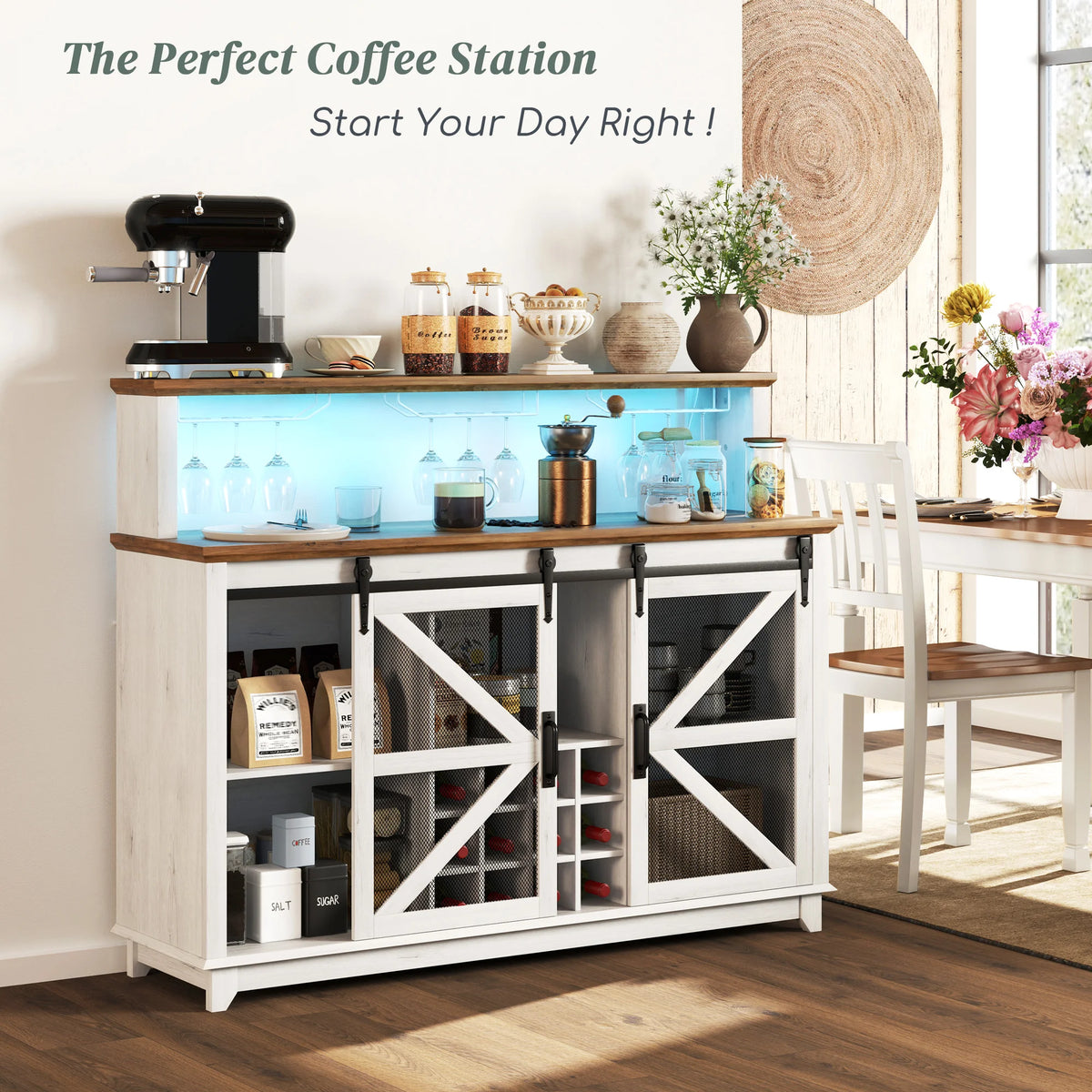 Farmhouse Coffee Bar Cabinet With App Controlled LED Lights