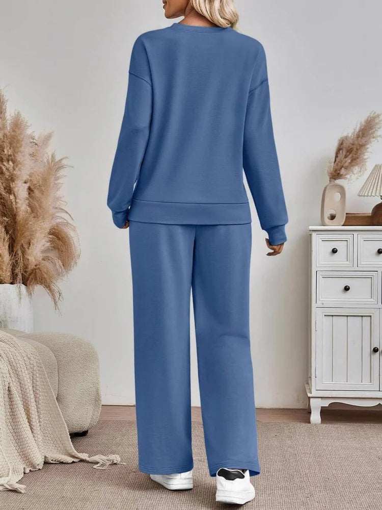 Women's Polyester Knit Two-Piece Set With Long Sleeve Top And Wide Leg Trousers