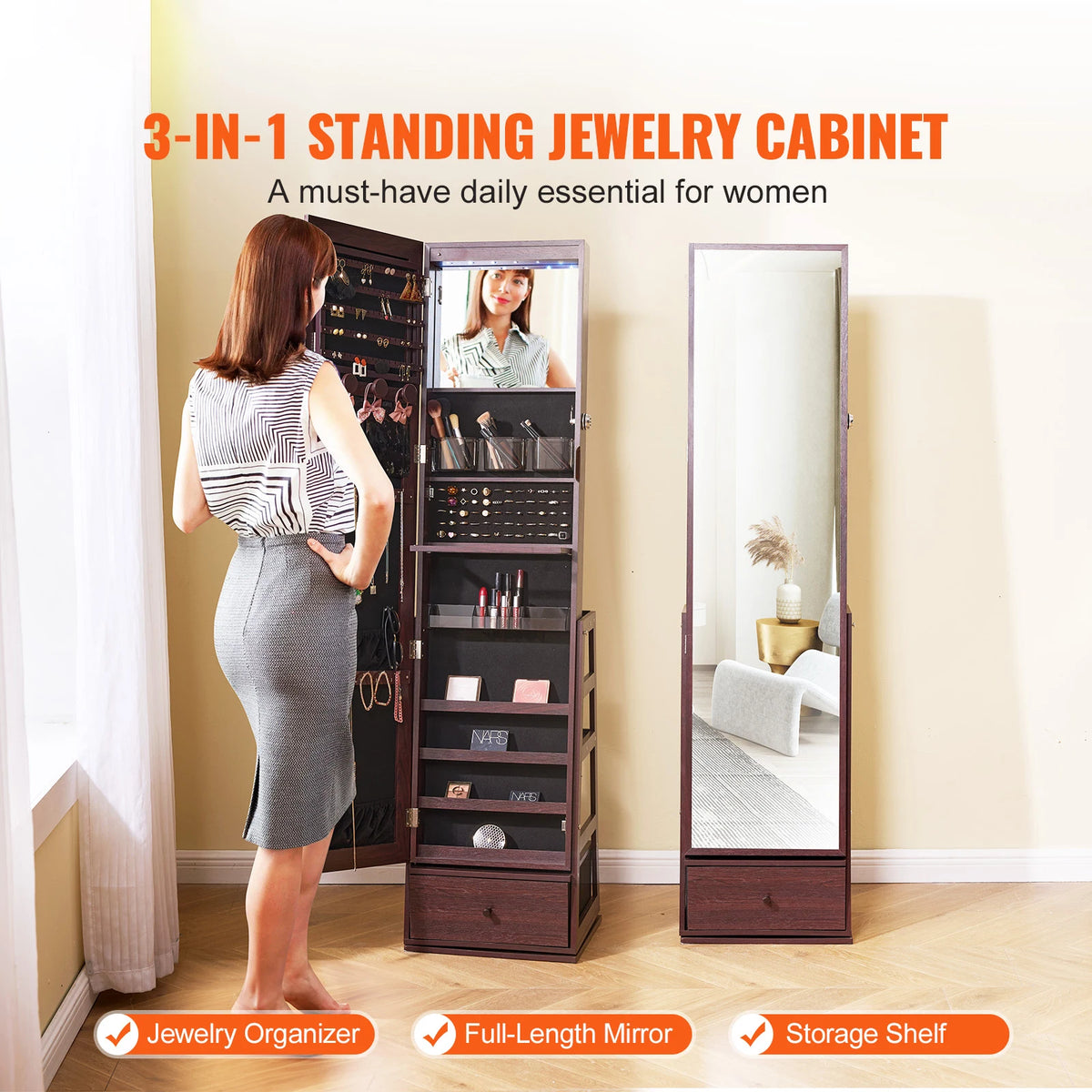 SucceBuy Mirror Jewelry Cabinet 360 Degree Swivel With Lockable Storage