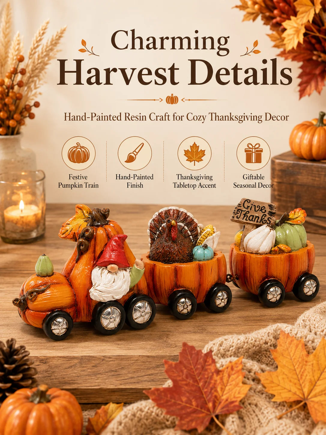 Hodao Resin Thanksgiving Pumpkin Train Figurine With Gnome And Turkey