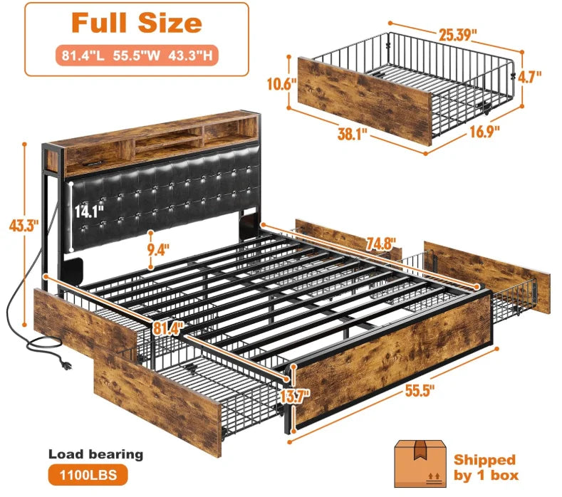 EnHomee Upholstered Platform Bed Frame With Charging Station And Storage Drawers