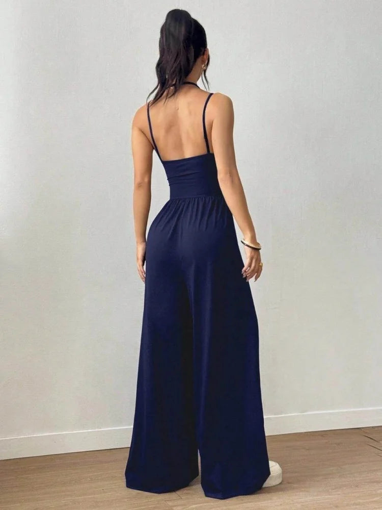 Women's Polyester Solid Square Neck Ruched Waist Wide Leg Jumpsuit