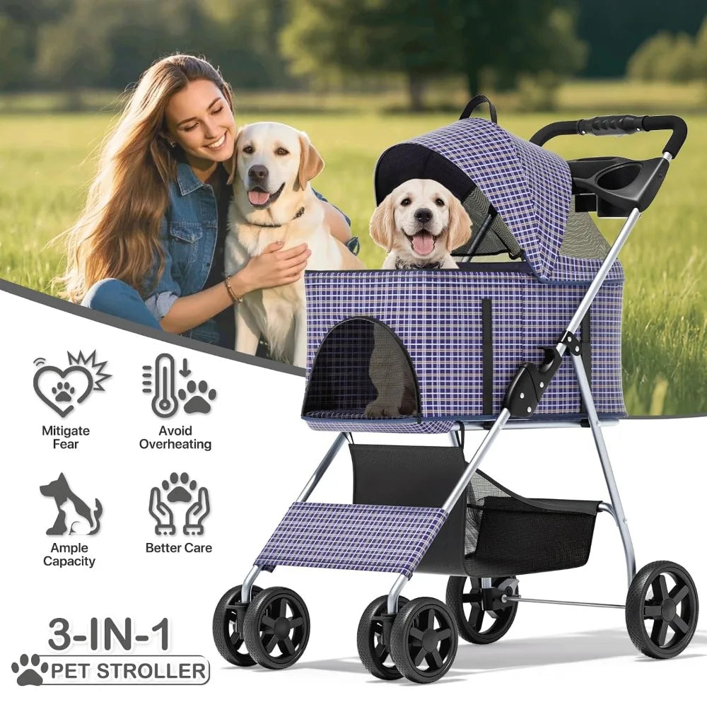 3 In 1 Foldable Pet Stroller With Removable Carrier And Car Seat