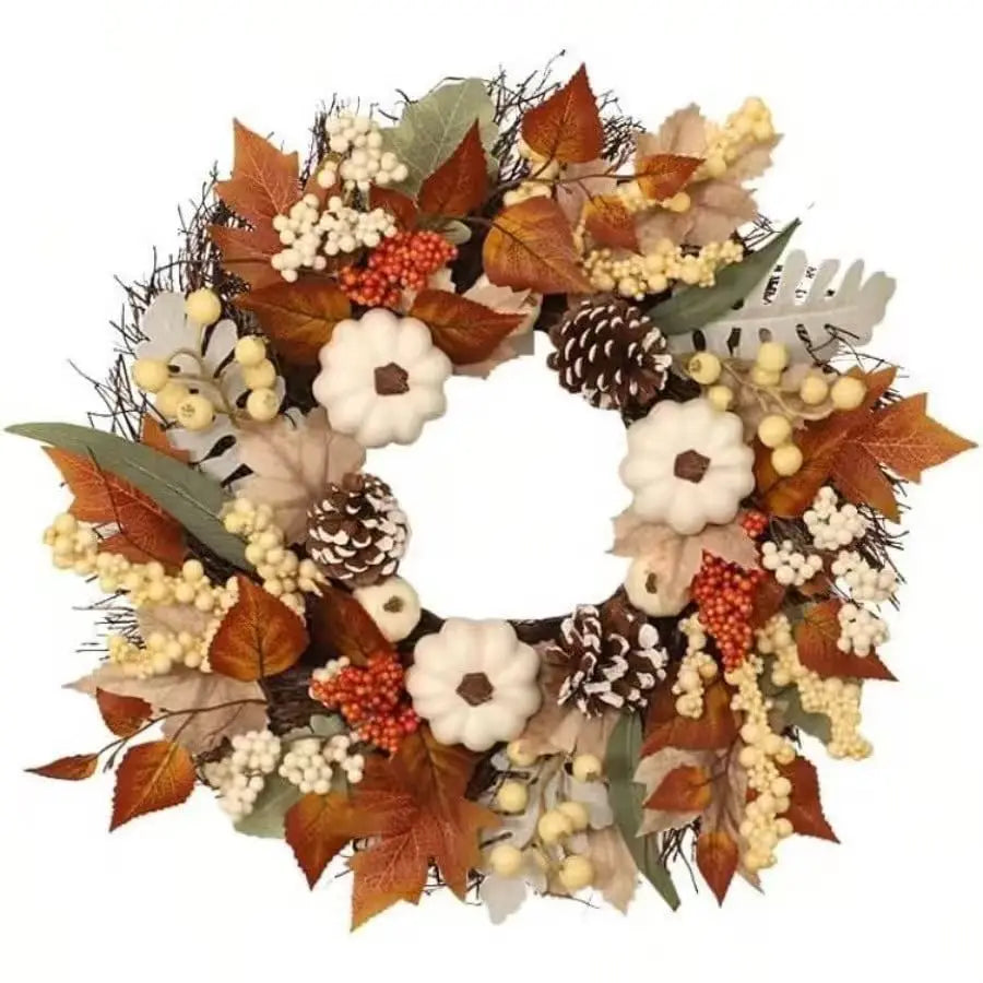Autumn Harvest Wreath With Pumpkins Pinecones Maple Leaves
