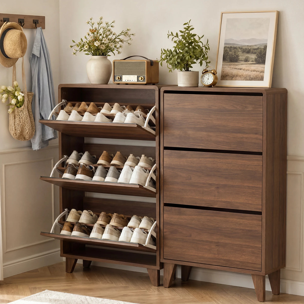 TCGBKAF Freestanding Slim Shoe Storage Cabinet Narrow Shoe Organizer with 3 Flip Drawers Adjustable Removable Shelves & Top Display Shelf Entryway Hallway Shoe Cabinet