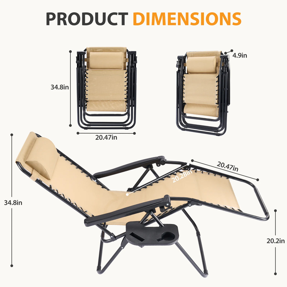 JHK Portable Zero Gravity Recliner Chairs Set Of 2 With Cup Holders Outdoor