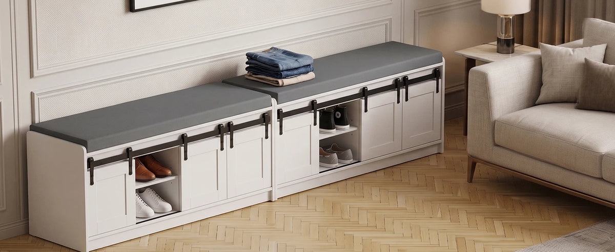 TinyNest Shoe Storage Bench With Linen Cushion Entryway Cabinet