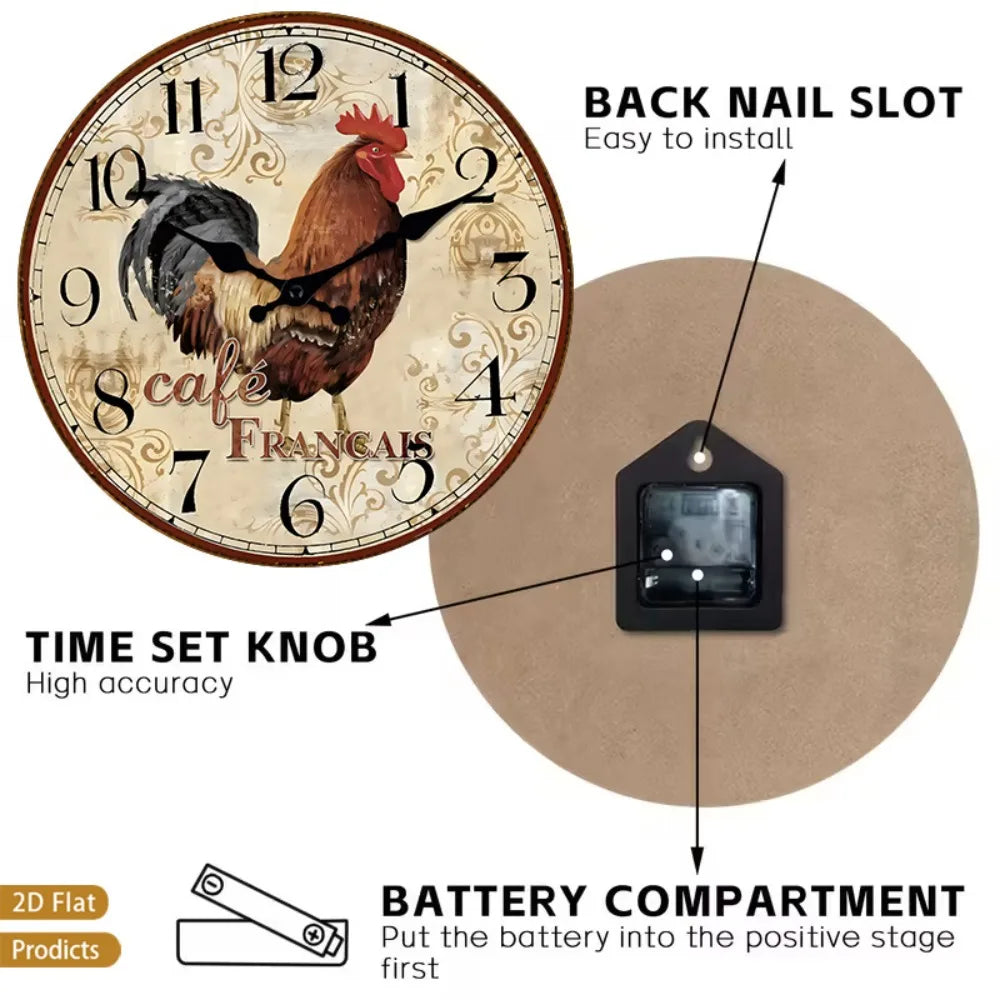 Constantplanet Vintage Farmhouse Rooster Wall Clock Silent